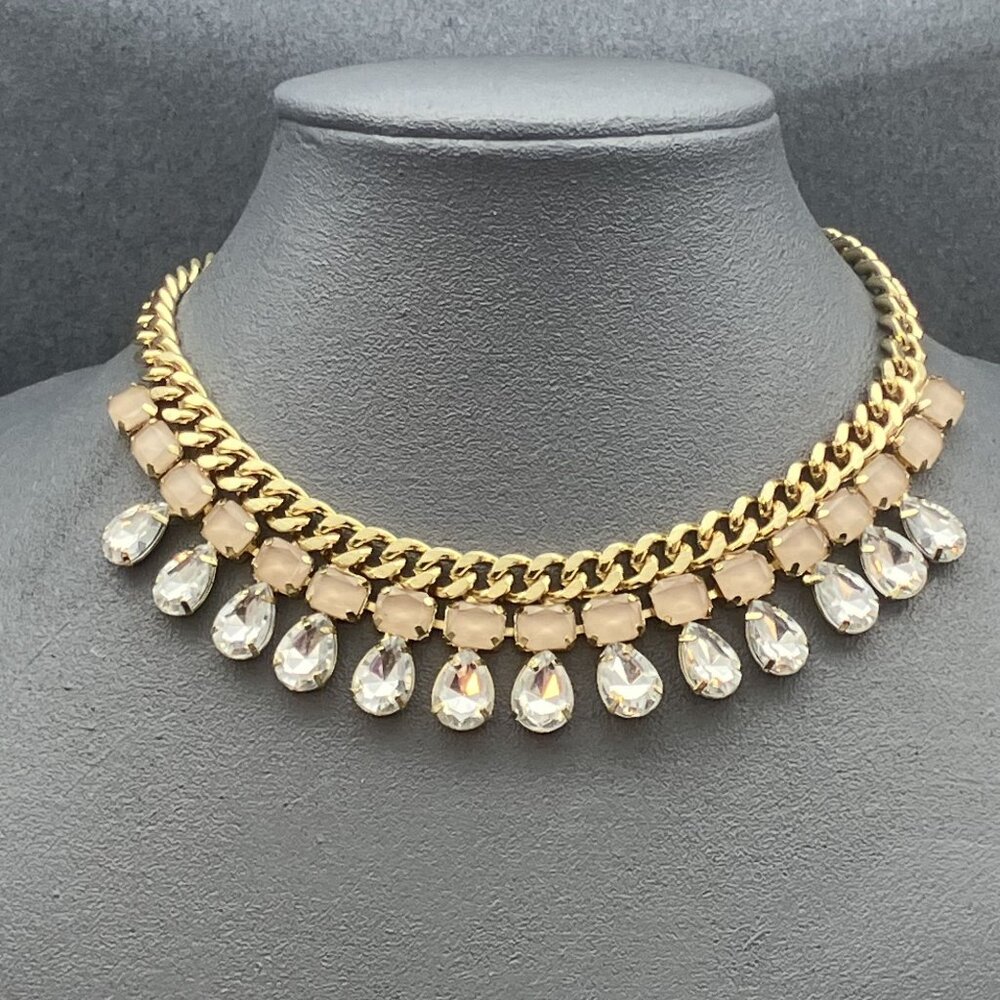 Rhinestones Choker Statement Necklace 16 In Chunky Gold Chain Pink Clear Bling